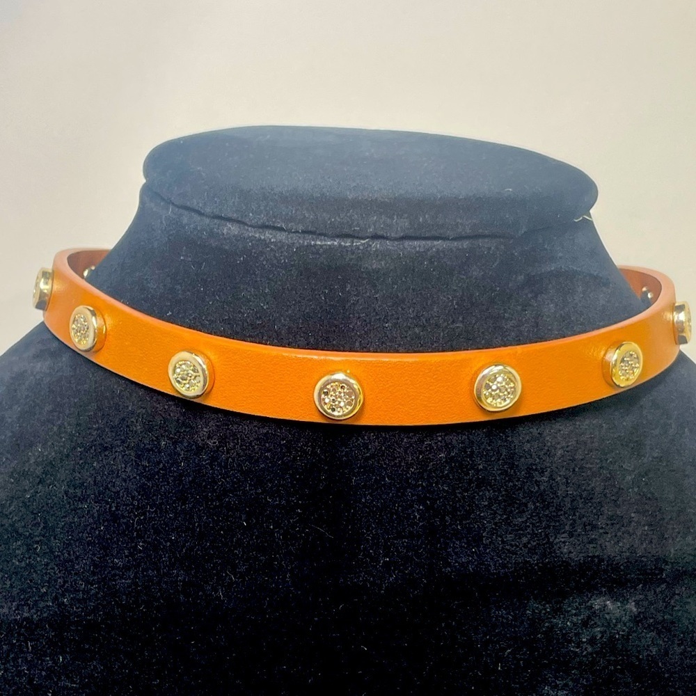 Tan Leather Choker with Gold and Rhinestone Studded Accents